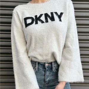 DKNY Cream Fuzzy Logo Crewneck Sweater